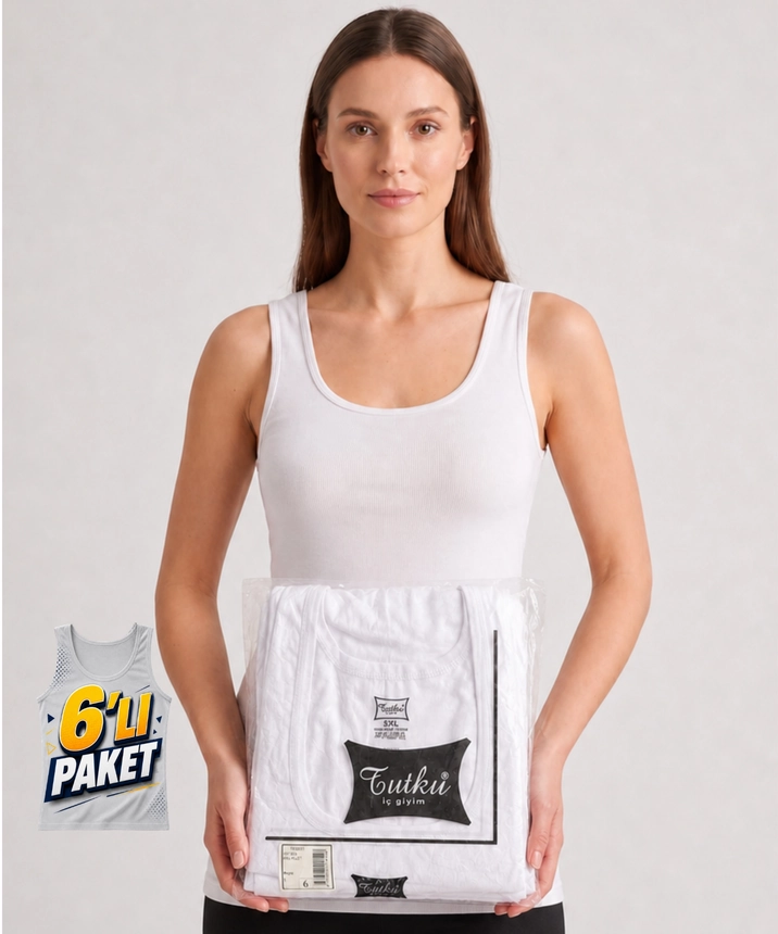 6'lı Paket Geniş Askılı Ribana Kadın Atlet - BEYAZ