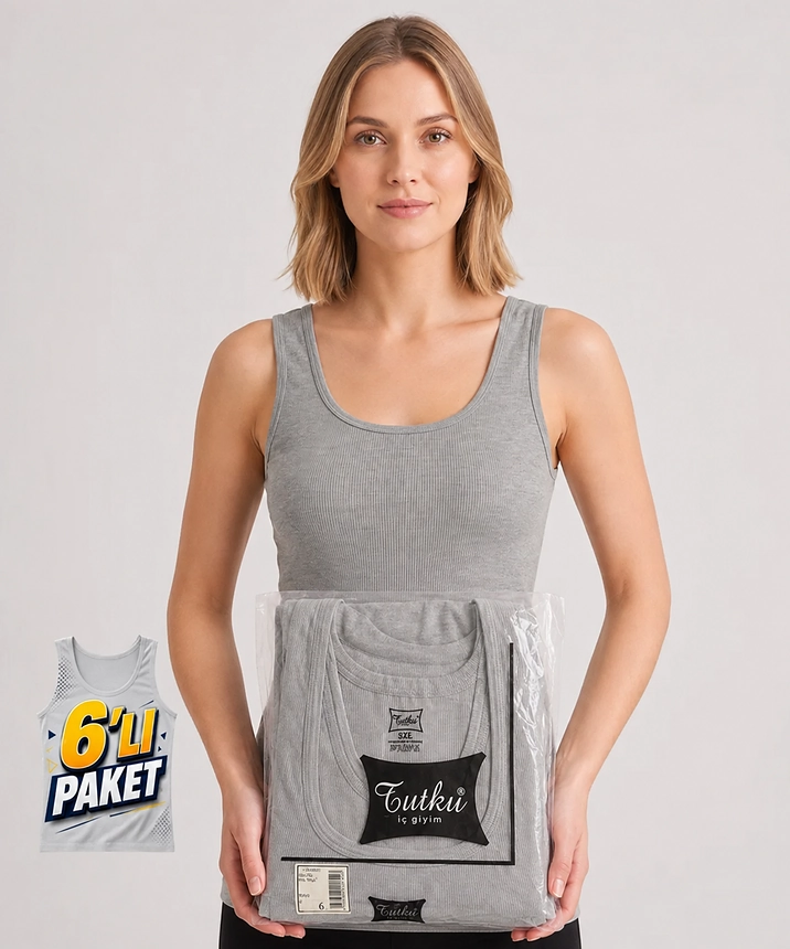 6'lı Paket Geniş Askılı Ribana Kadın Atlet - GRİ