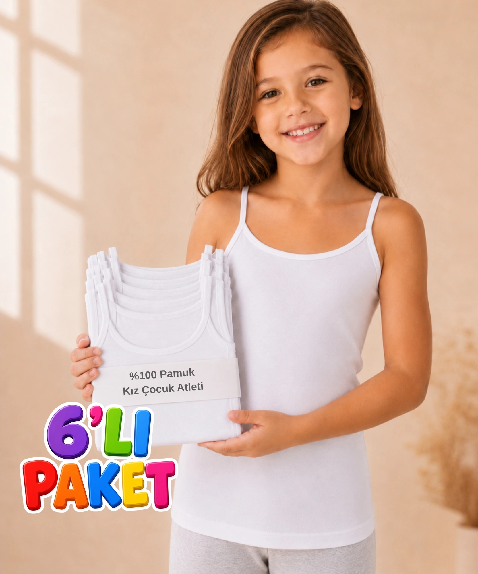 6'Lı Paket İp Askılı Kız Çocuk Atlet - BEYAZ - 1
