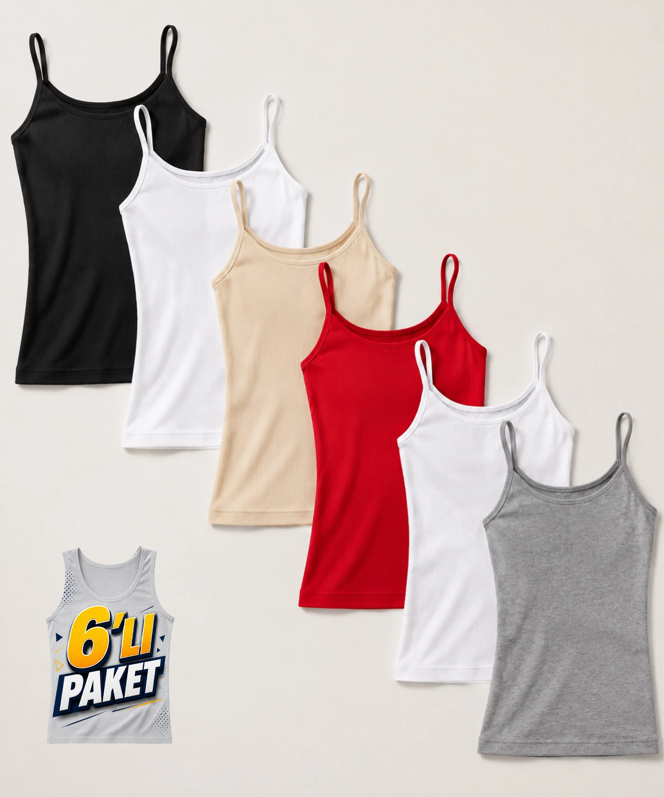 6'lı Paket İp Askılı Ribana Kadın Atlet - ASORTİ