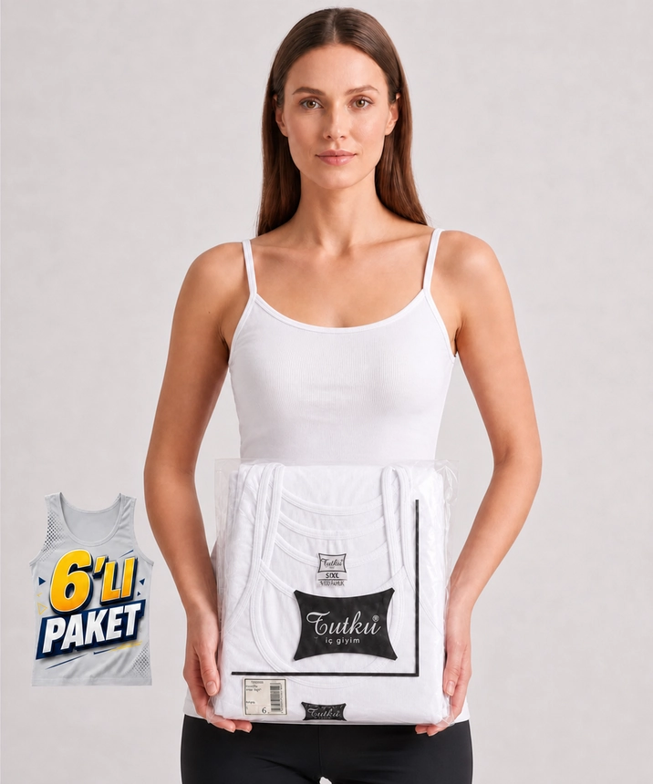 6'lı Paket İp Askılı Ribana Kadın Atlet - BEYAZ