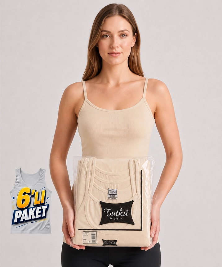 6'lı Paket İp Askılı Ribana Kadın Atlet - TEN