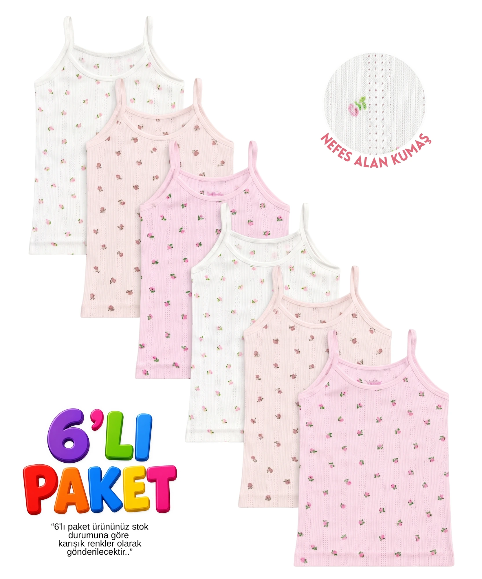 6'Lı Paket Kız Çocuk İp Askılı Çiçekli Atlet - ASORTİ