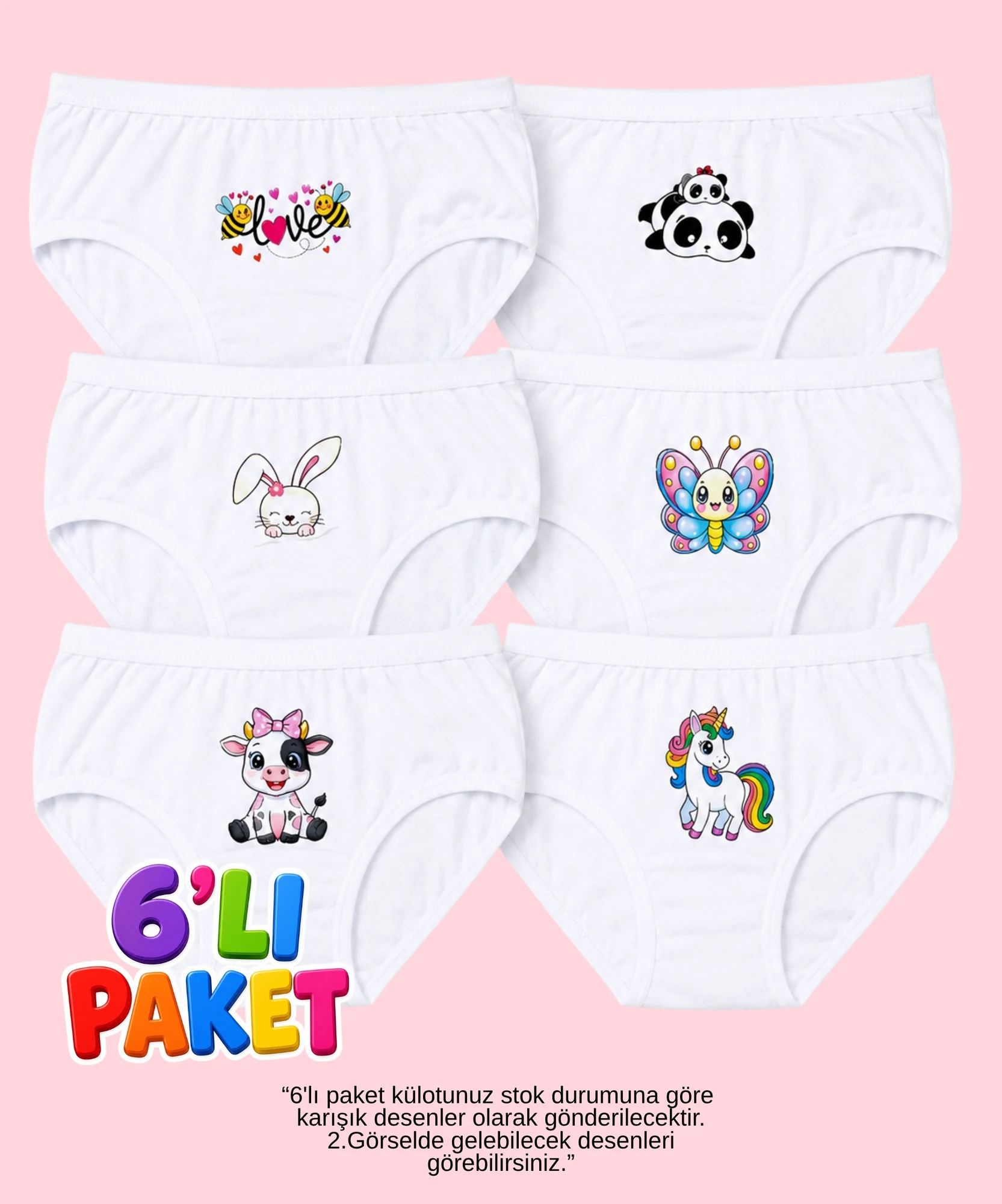6'Lı Paket Desenli Kız Çocuk Külot - BEYAZ