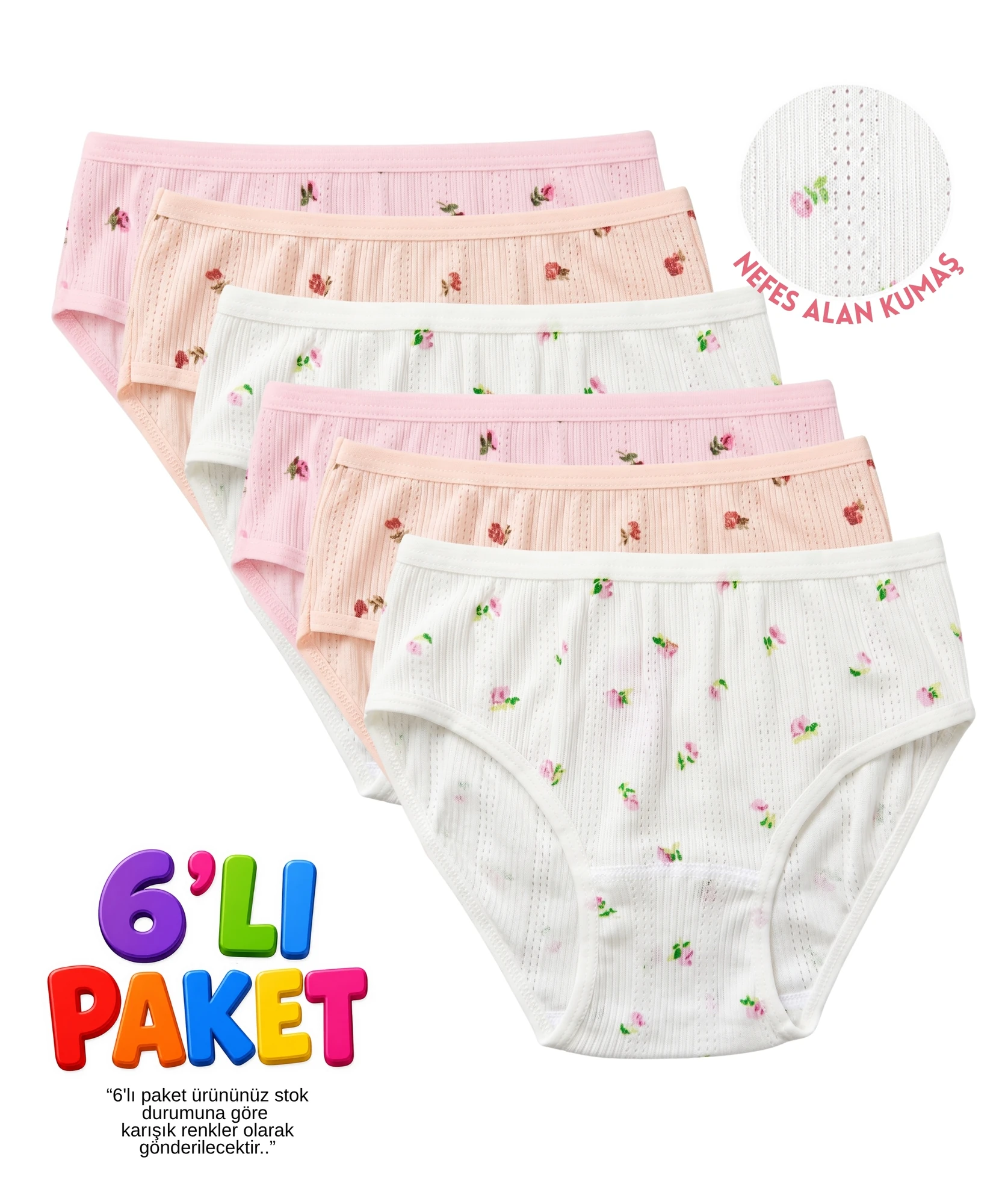 6'Lı Paket Kız Çocuk Pamuklu Çiçekli Külot - ASORTİ
