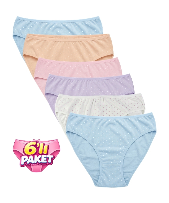 6'lı Paket Likralı Mini Kalp Desenli Bikini Külot - ASORTİ - 1
