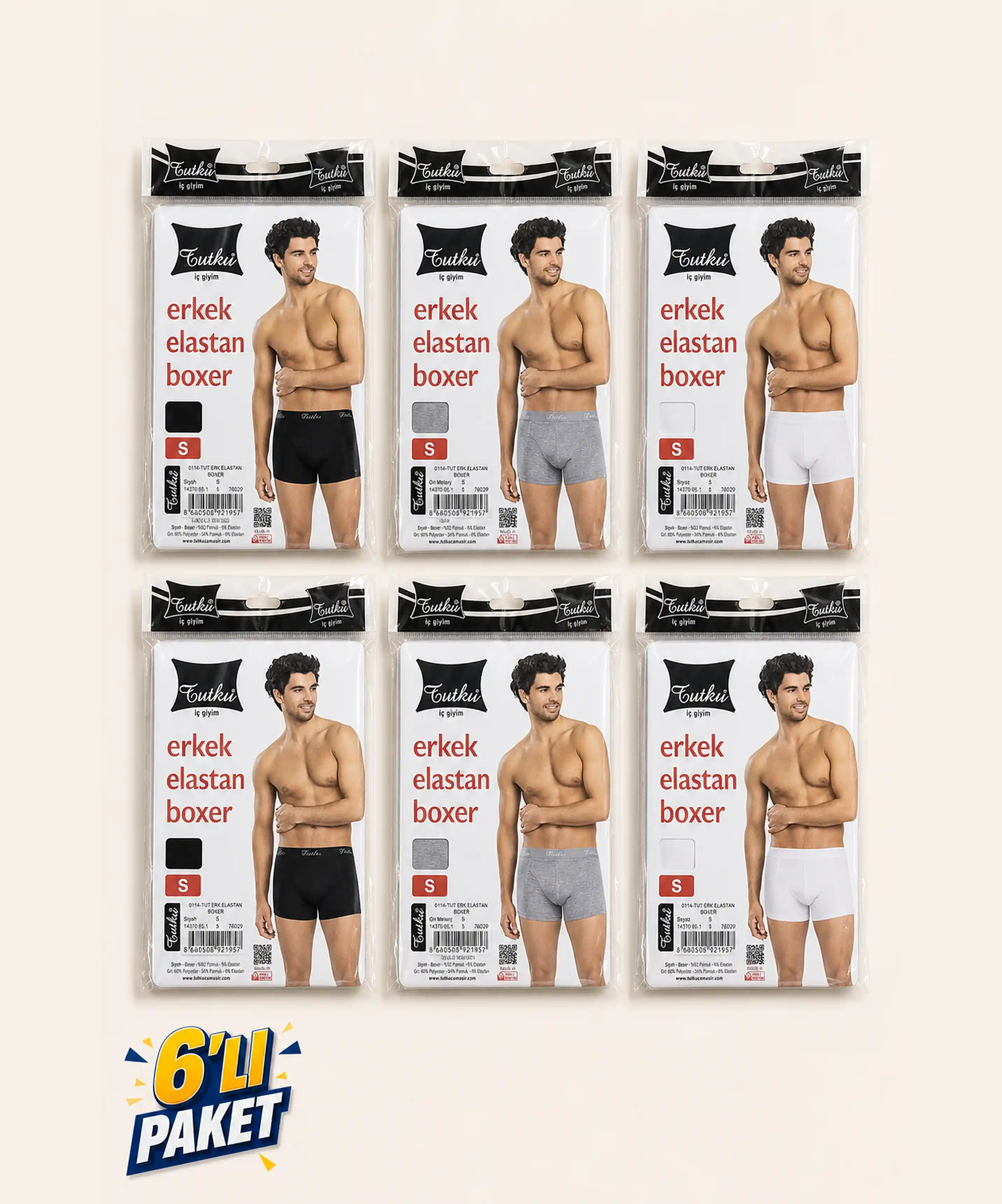 6'lı Paket Likralı Pamuklu Erkek Boxer - ASORTİ