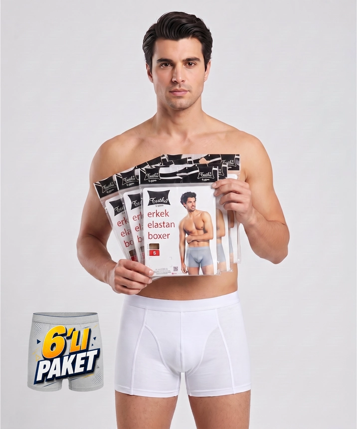 6'lı Paket Likralı Pamuklu Erkek Boxer - BEYAZ - 1