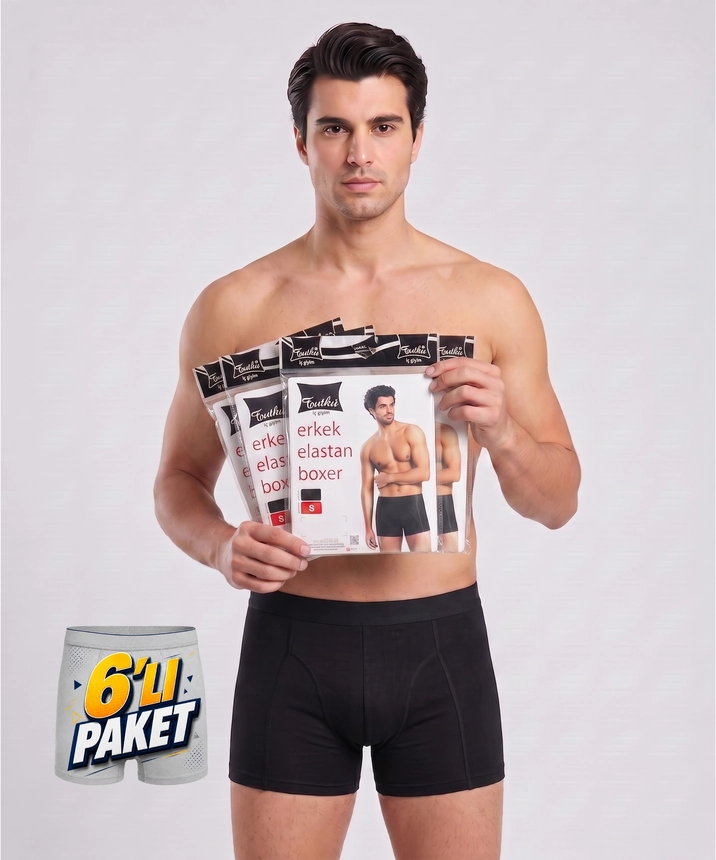 6'lı Paket Likralı Pamuklu Erkek Boxer - SİYAH - 1