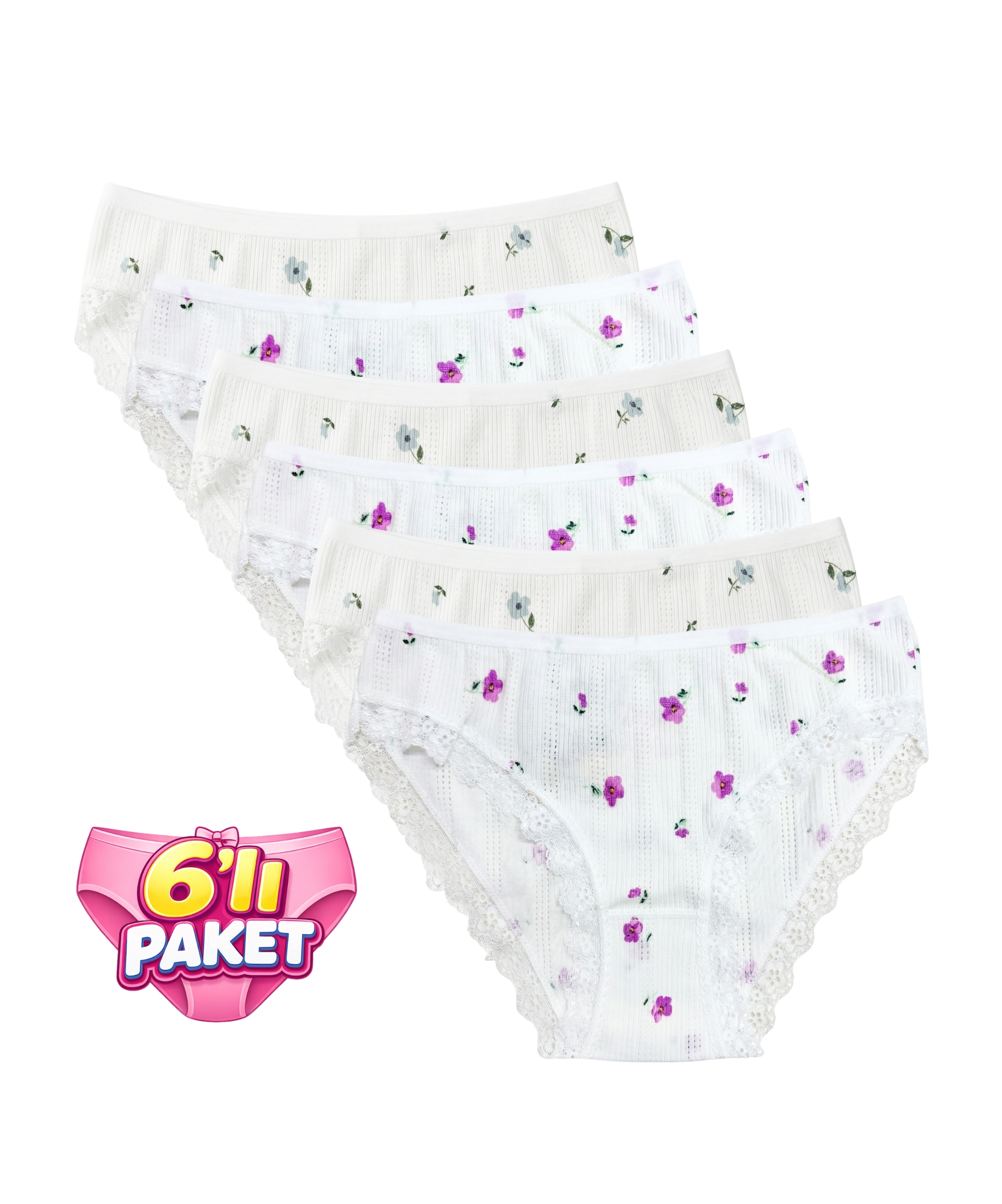 6'LI Paket Mine Çiçekli Dantelli Bikini Külot - ASORTİ - 1