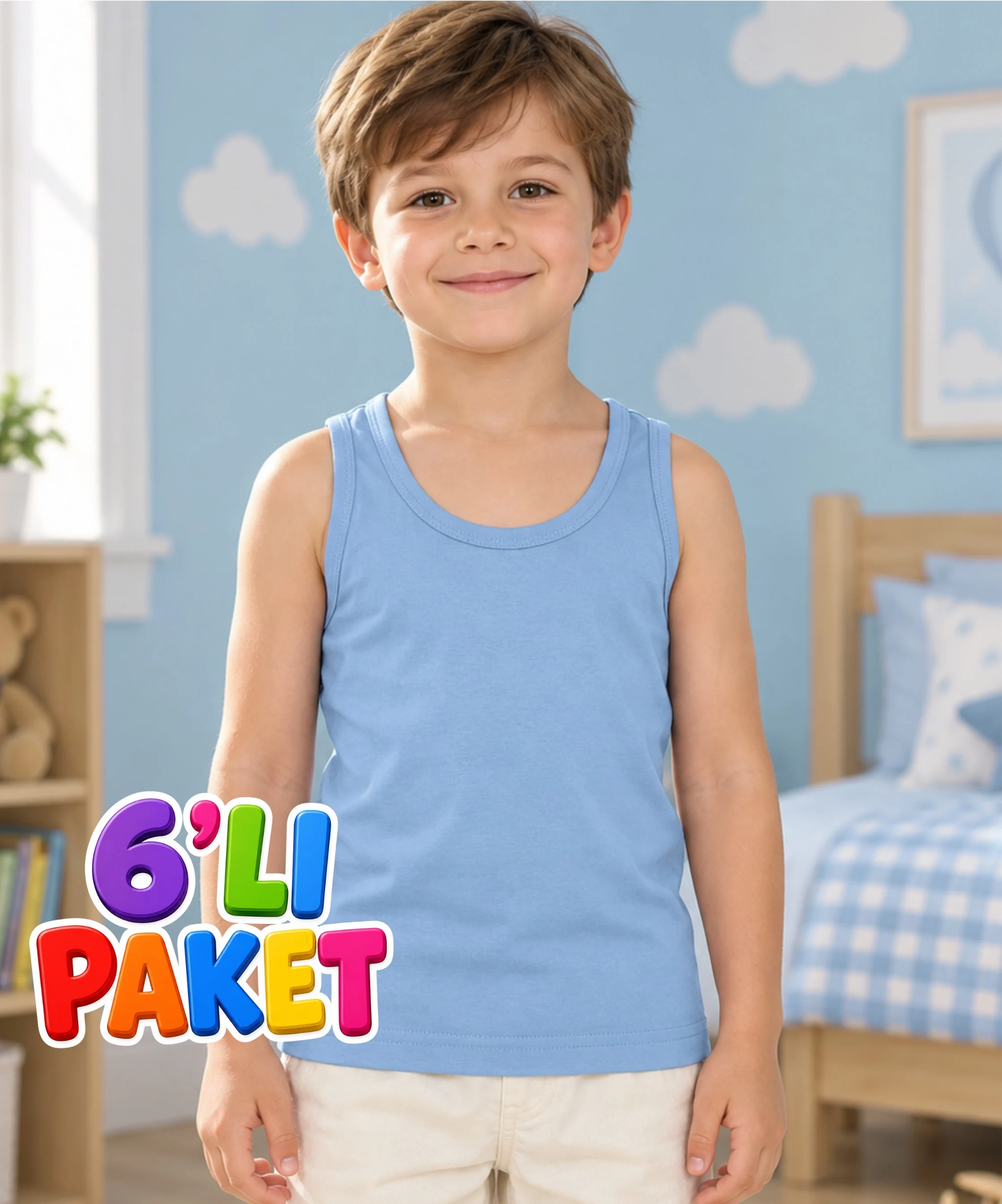 6'lı Paket Pamuklu Erkek Çocuk Atlet - MAVİ