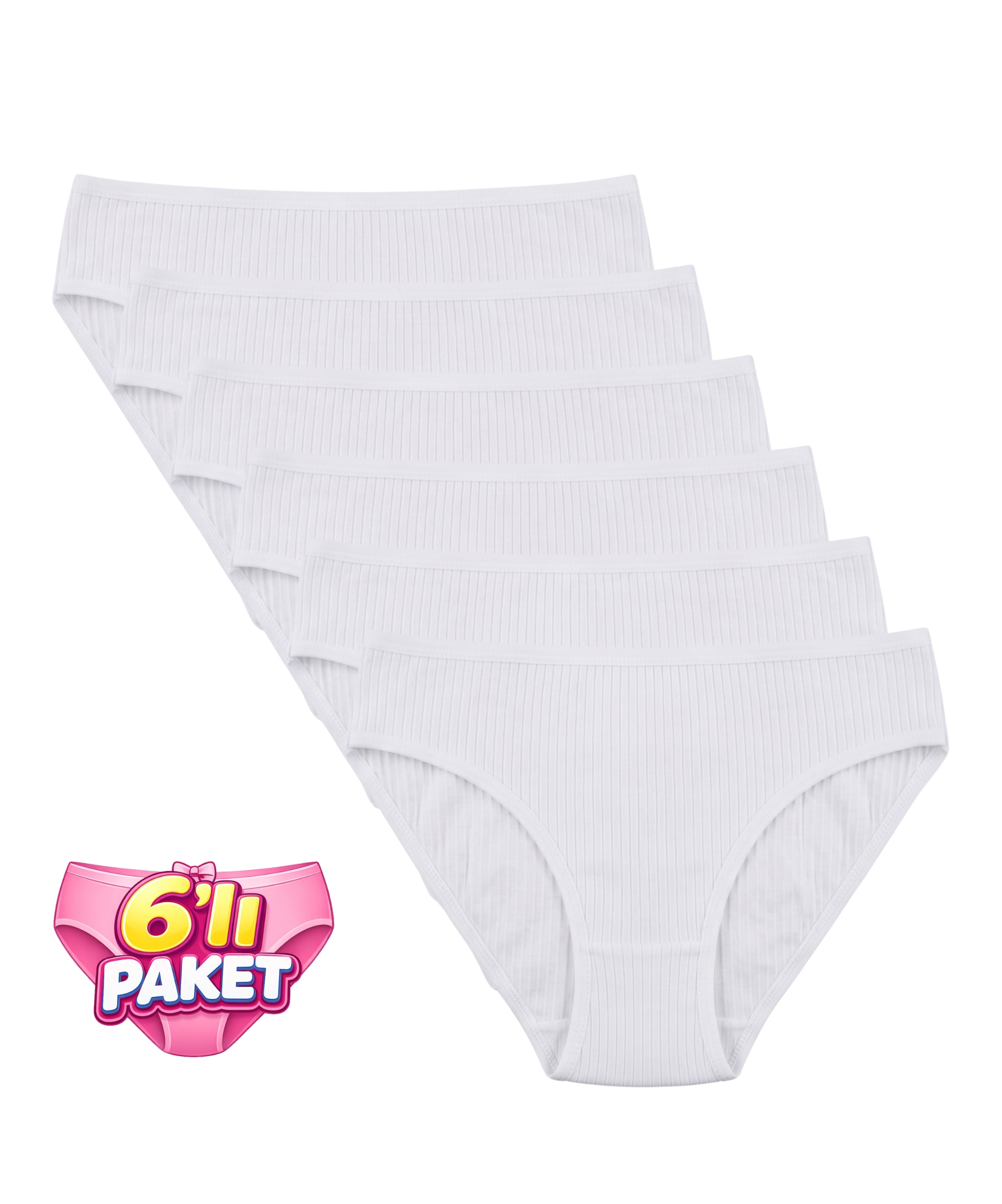 6'Lı Paket Pamuklu Fitilli Bikini Külot - BEYAZ 