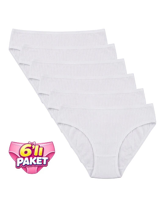 6'Lı Paket Pamuklu Fitilli Bikini Külot - BEYAZ