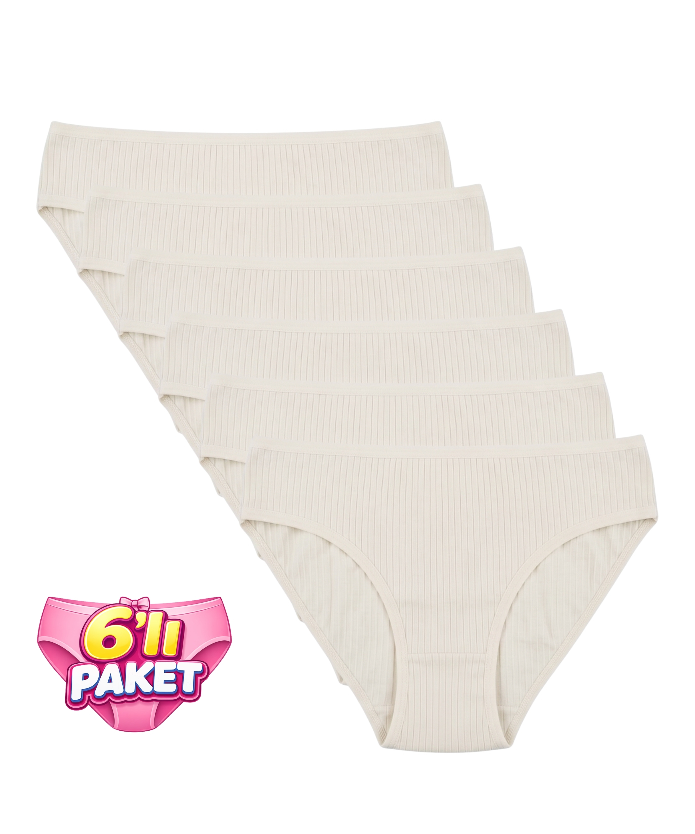 6'Lı Paket Pamuklu Fitilli Bikini Külot - EKRU 