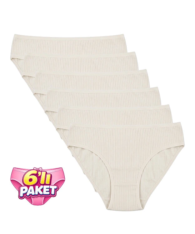 6'Lı Paket Pamuklu Fitilli Bikini Külot - EKRU - 1