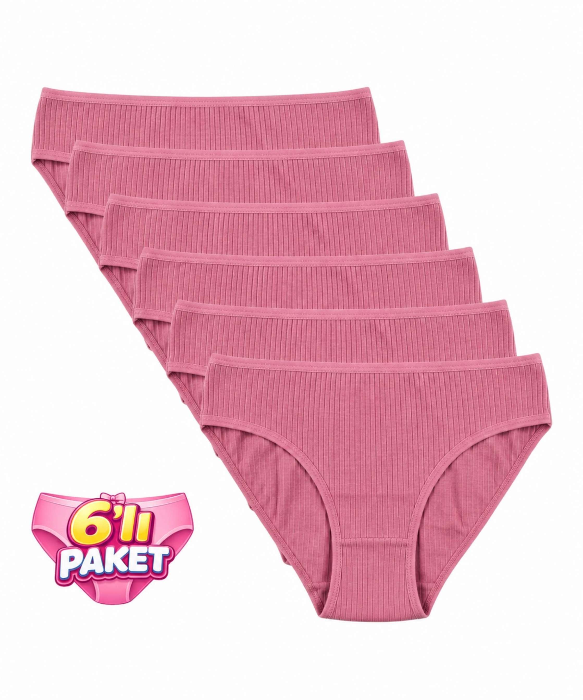 6'Lı Paket Pamuklu Fitilli Bikini Külot - GÜL KURUSU 