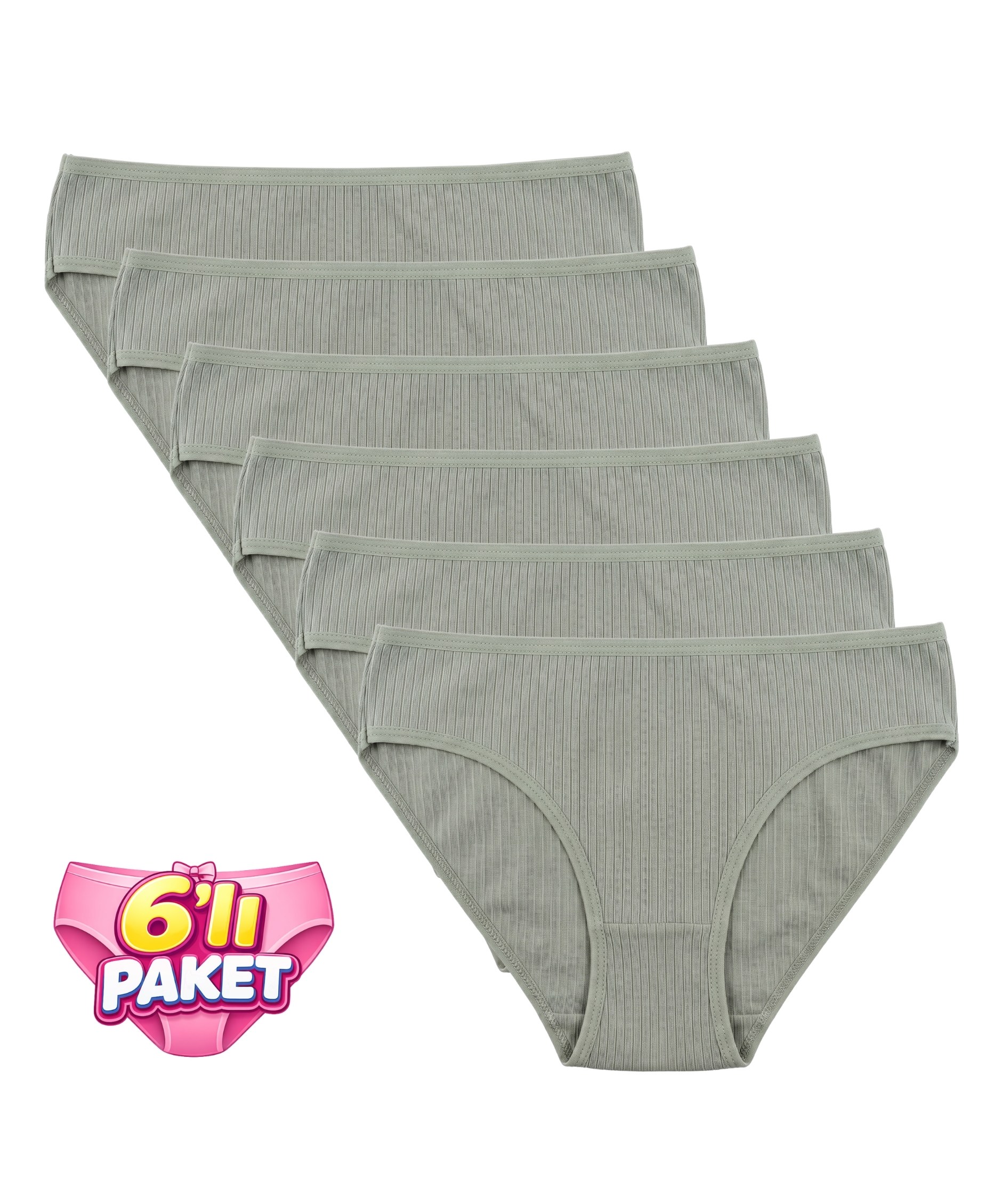 6'Lı Paket Pamuklu Fitilli Bikini Külot - HAKİ - 1