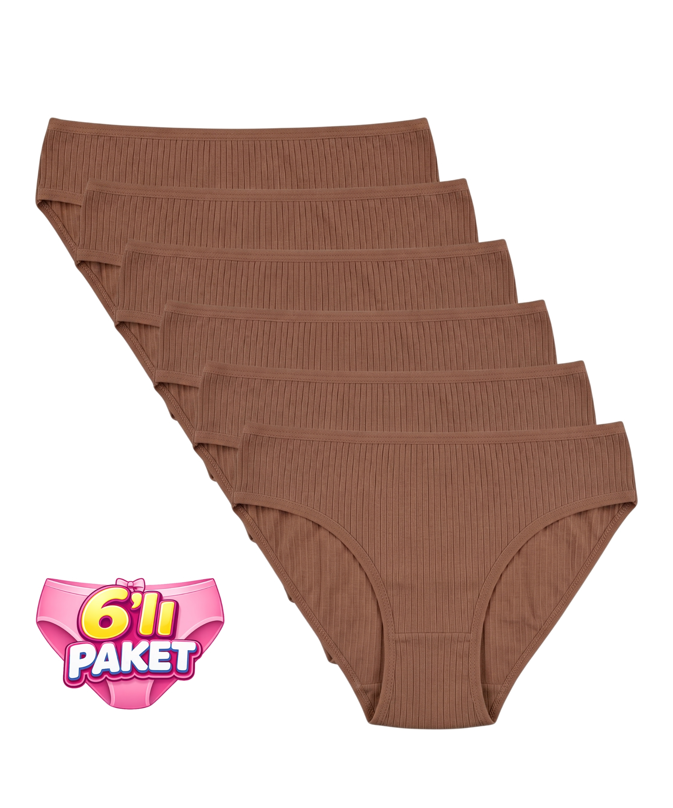 6'Lı Paket Pamuklu Fitilli Bikini Külot - KAHVE 