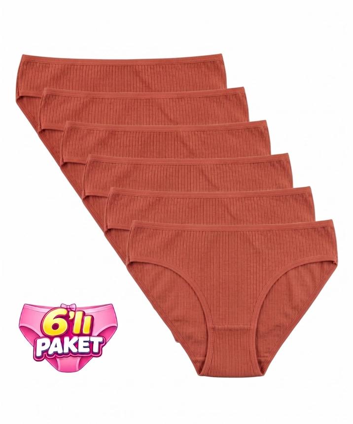 6'Lı Paket Pamuklu Fitilli Bikini Külot - KİREMİT