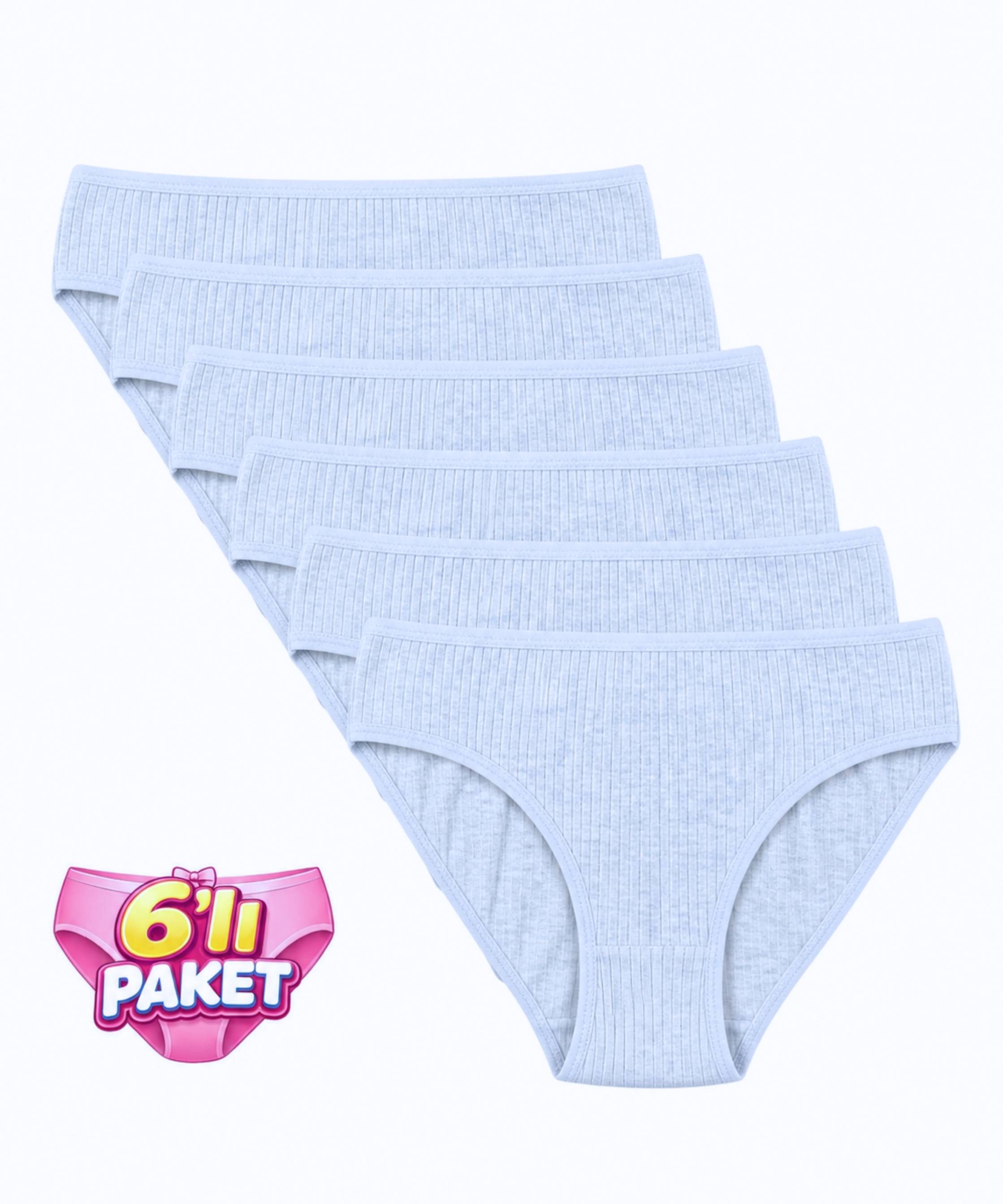 6'Lı Paket Pamuklu Fitilli Bikini Külot - MELANJ MAVİ - 1