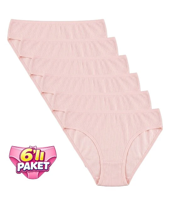 6'Lı Paket Pamuklu Fitilli Bikini Külot - PUDRA