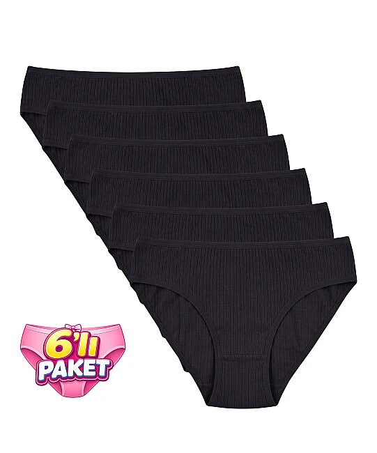 6'Lı Paket Pamuklu Fitilli Bikini Külot - SİYAH