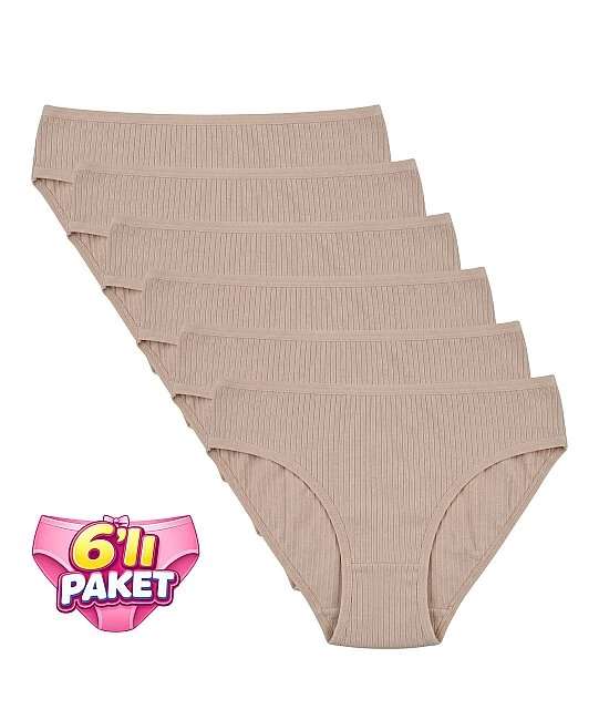 6'Lı Paket Pamuklu Fitilli Bikini Külot - TEN