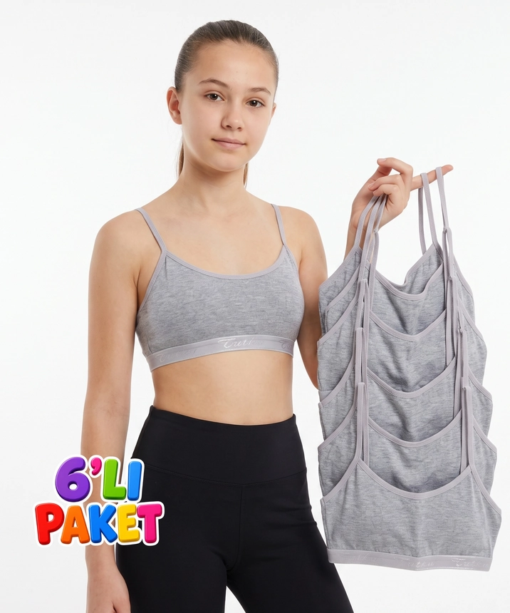 6'lı Paket Pamuklu Pedli Kız Çocuk Alıştırma Sütyeni - GRİ