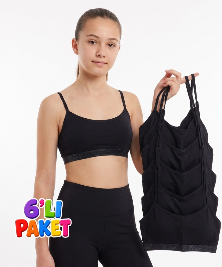 6'lı Paket Pamuklu Pedli Kız Çocuk Alıştırma Sütyeni - SİYAH