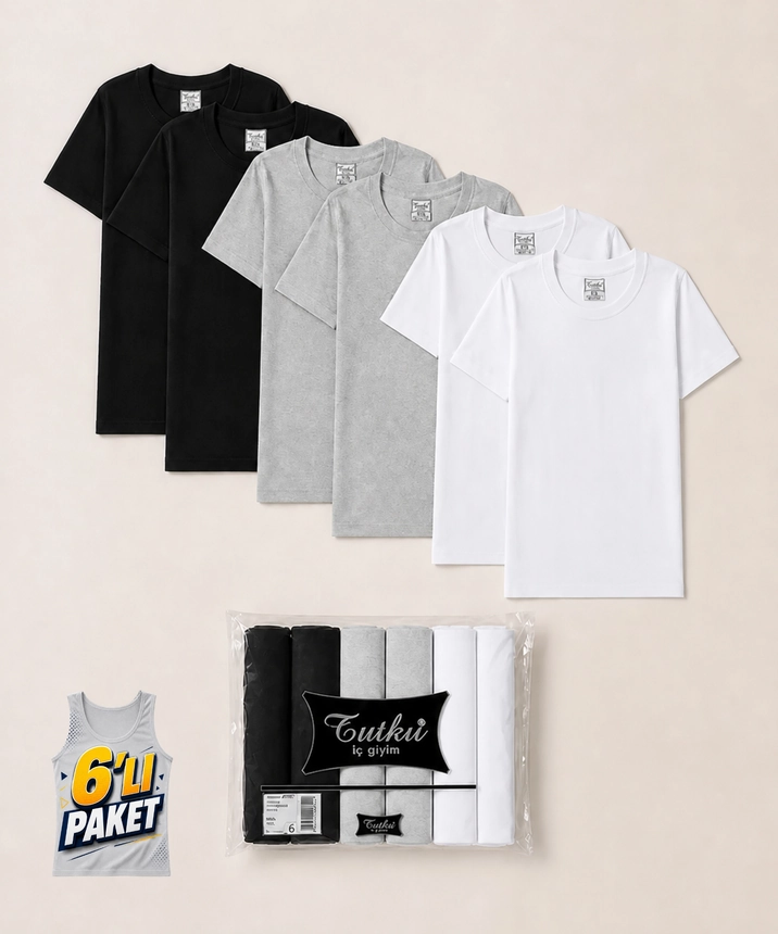 6'lı Paket %100 Pamuklu Penye Sıfır Yaka Kısa Kollu Erkek Atlet - ASORTİ