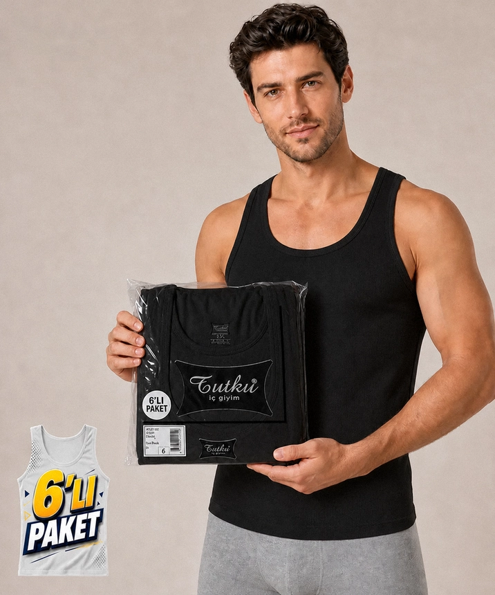 6'lı Paket %100 Pamuklu Ribana Erkek Atlet - SİYAH - 1