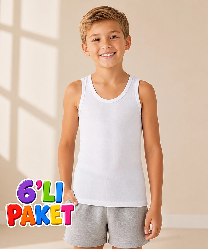 6'lı Paket Pamuklu Ribana Erkek Çocuk Atlet - BEYAZ