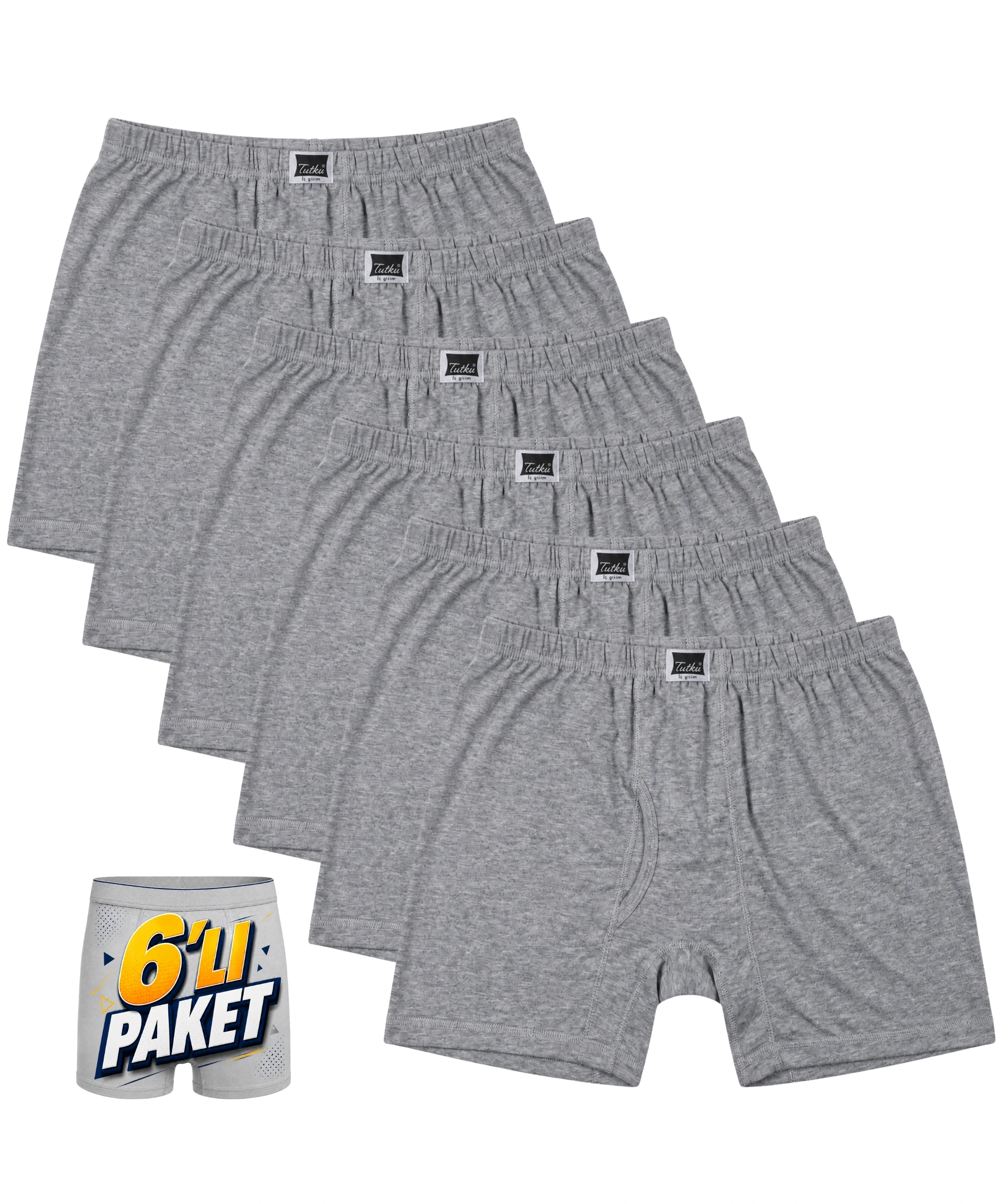 6'lı Paket Pamuklu Ribana Erkek Paçalı Don - GRİ