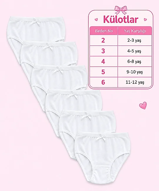 6'lı Paket Pamuklu Ribana Kız Çocuk Külot - BEYAZ (1)