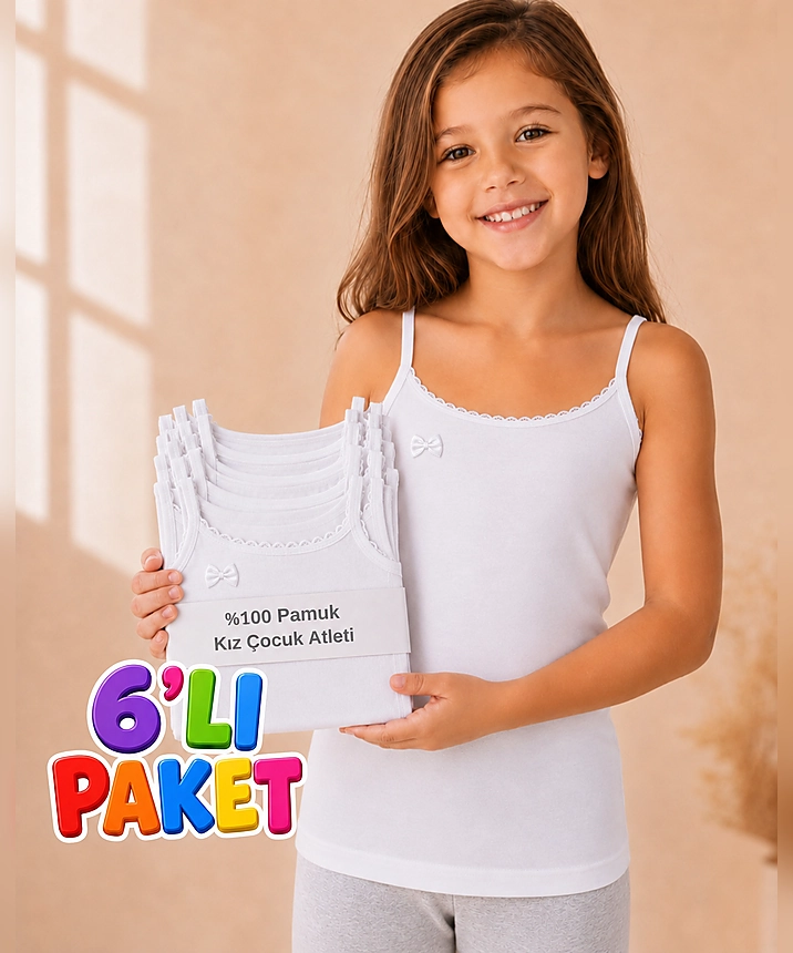 6'lı Paket Pamuklu Ribana Ponponlu İp Askılı Kız Çocuk Atlet - BEYAZ