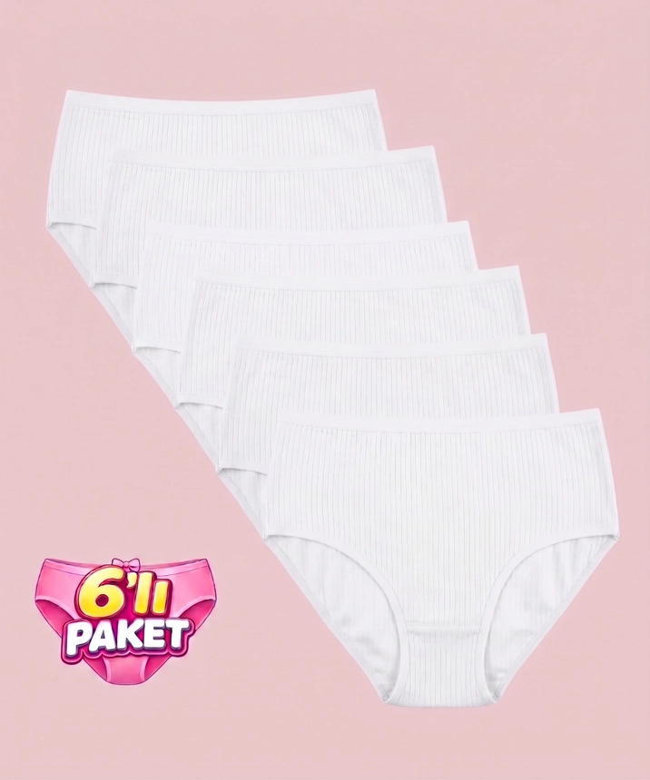 6'Lı Paket Pamuklu Yüksek Bel Fitilli Bato Kadın Külot - BEYAZ