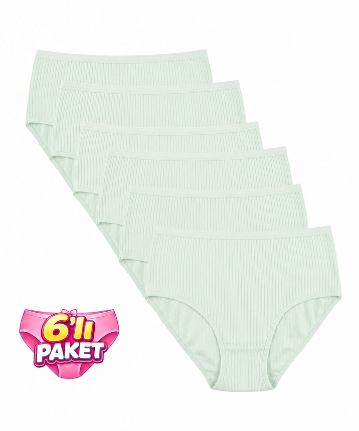 6'Lı Paket Pamuklu Yüksek Bel Fitilli Bato Kadın Külot - FISTIK YEŞİLİ 
