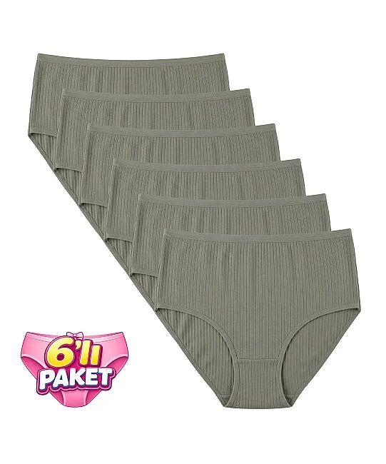 6'Lı Paket Pamuklu Yüksek Bel Fitilli Bato Kadın Külot - HAKİ