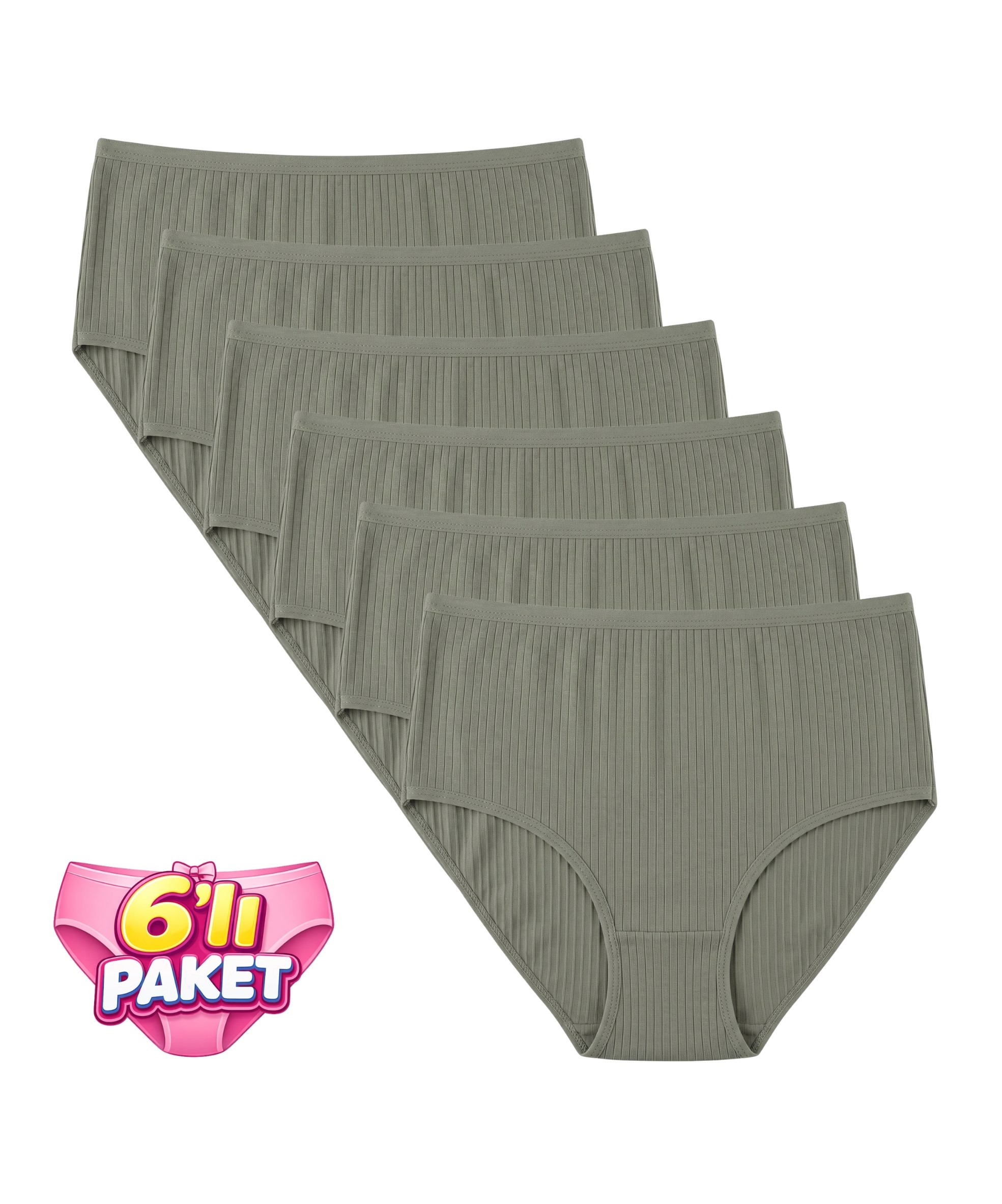 6'Lı Paket Pamuklu Yüksek Bel Fitilli Bato Kadın Külot - HAKİ