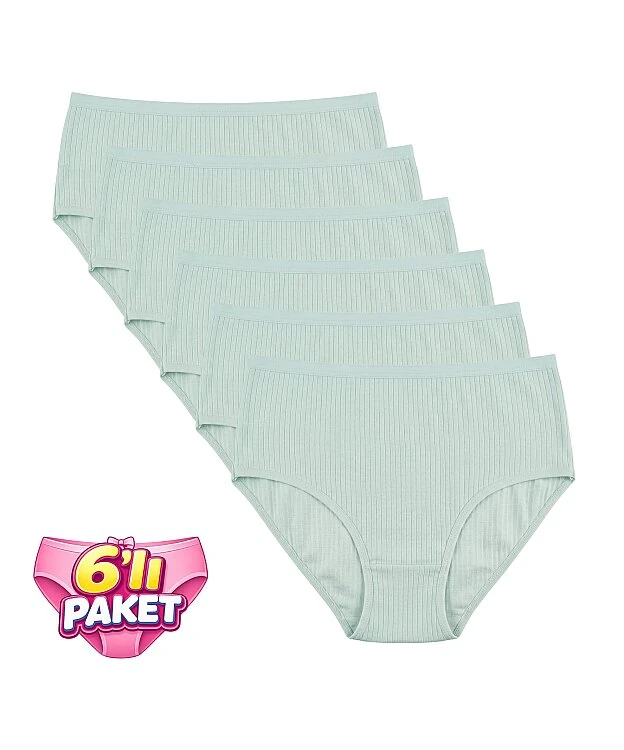6'Lı Paket Pamuklu Yüksek Bel Fitilli Bato Kadın Külot - MİNT YEŞİLİ - 1