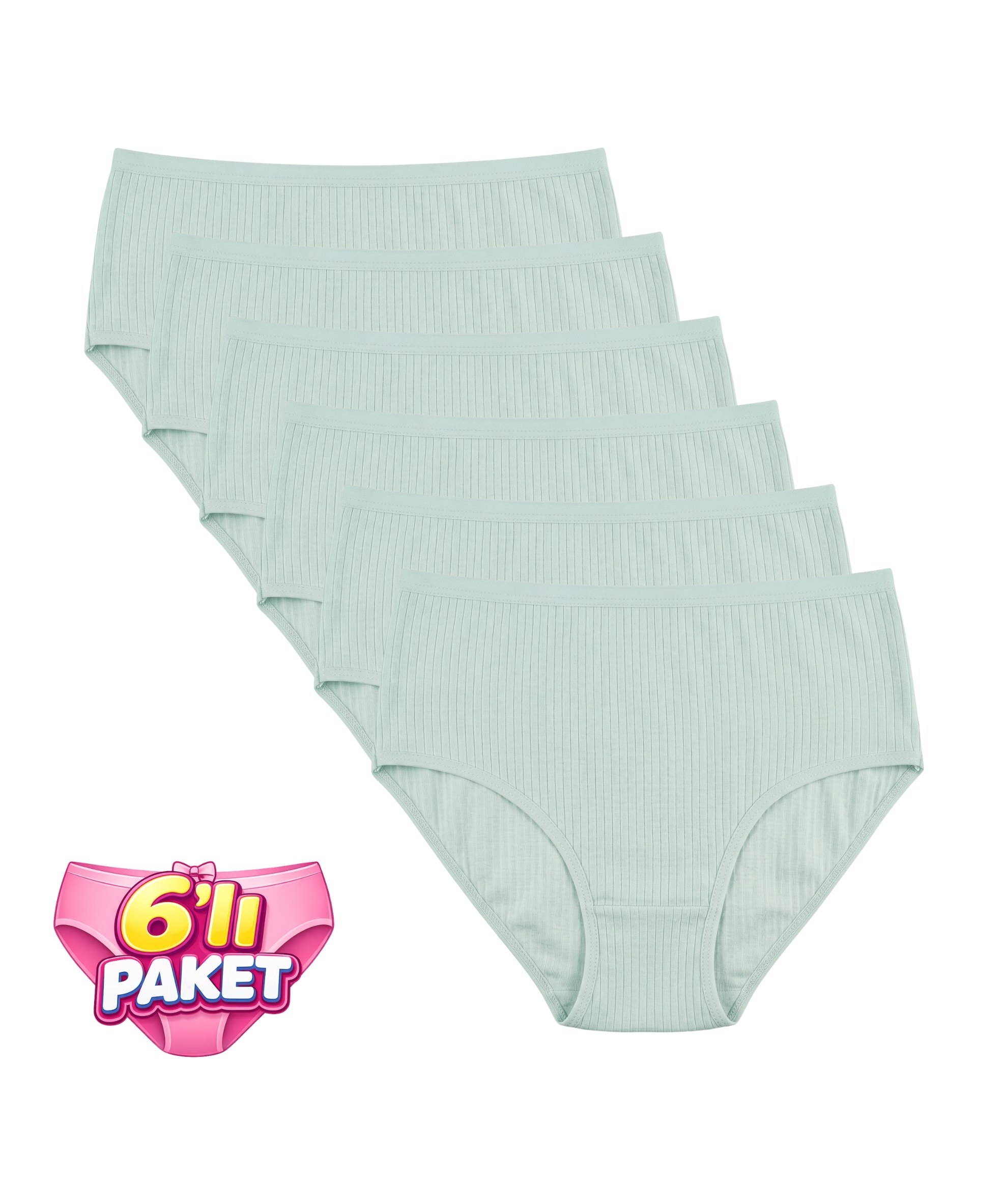6'Lı Paket Pamuklu Yüksek Bel Fitilli Bato Kadın Külot - MİNT YEŞİLİ