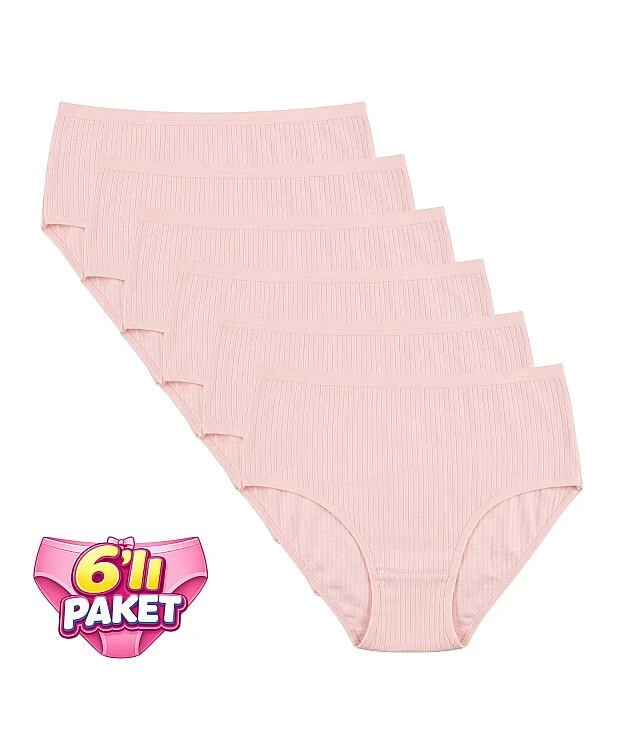 6'Lı Paket Pamuklu Yüksek Bel Fitilli Bato Kadın Külot - PUDRA - 1
