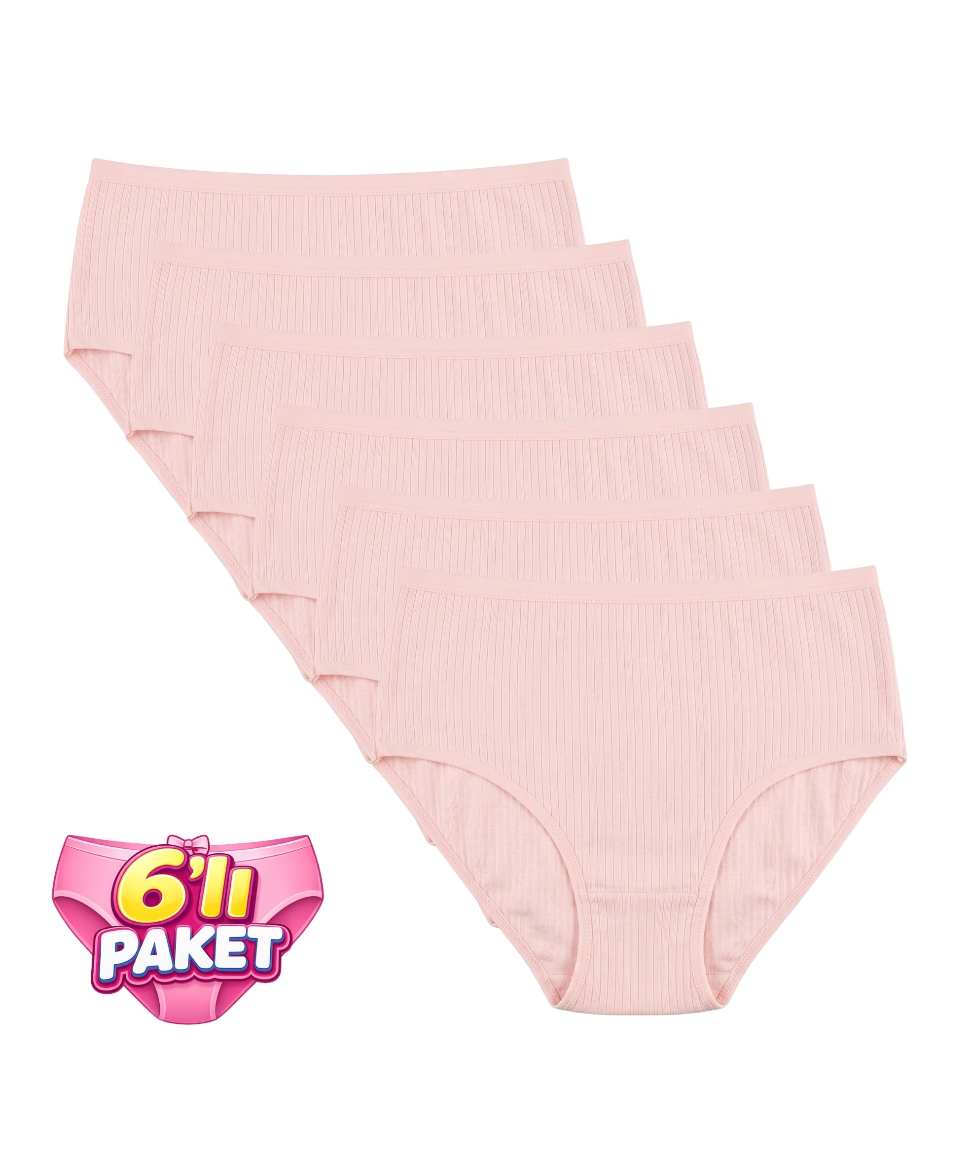 6'Lı Paket Pamuklu Yüksek Bel Fitilli Bato Kadın Külot - PUDRA
