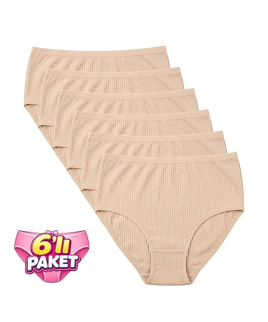 6'Lı Paket Pamuklu Yüksek Bel Fitilli Bato Kadın Külot - TEN