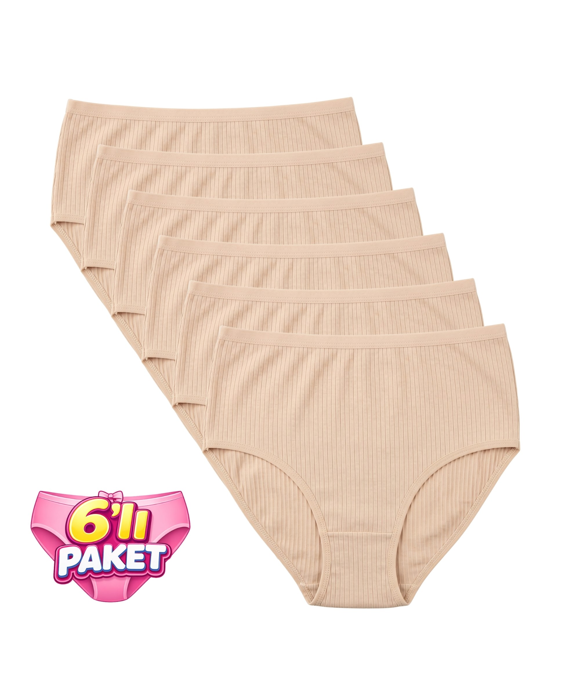 6'Lı Paket Pamuklu Yüksek Bel Fitilli Bato Kadın Külot - TEN