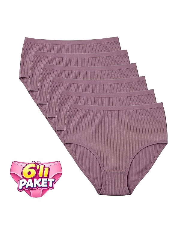6'Lı Paket Pamuklu Yüksek Bel Fitilli Bato Kadın Külot - VİZON - 1
