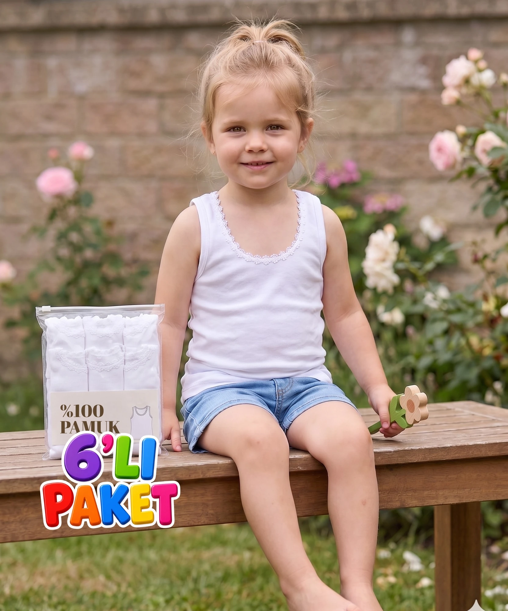 6'Lı Paket Papatya Geniş Askı Kız Çocuk Atlet - BEYAZ