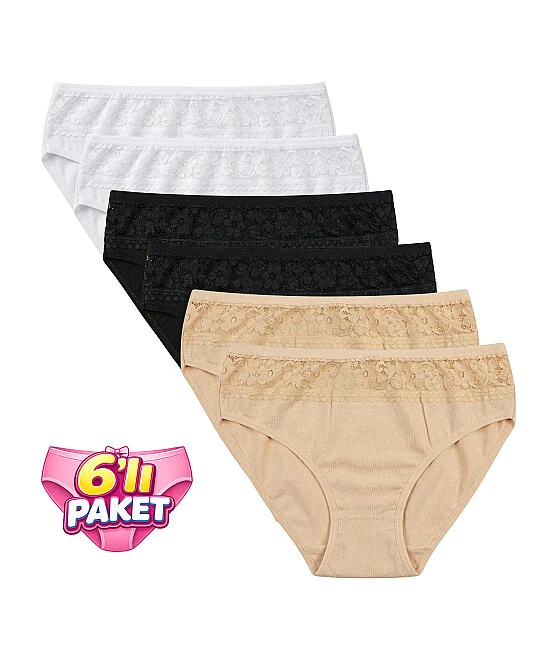 6'lı Paket Üst Dantelli Bikini Külot - ASORTİ