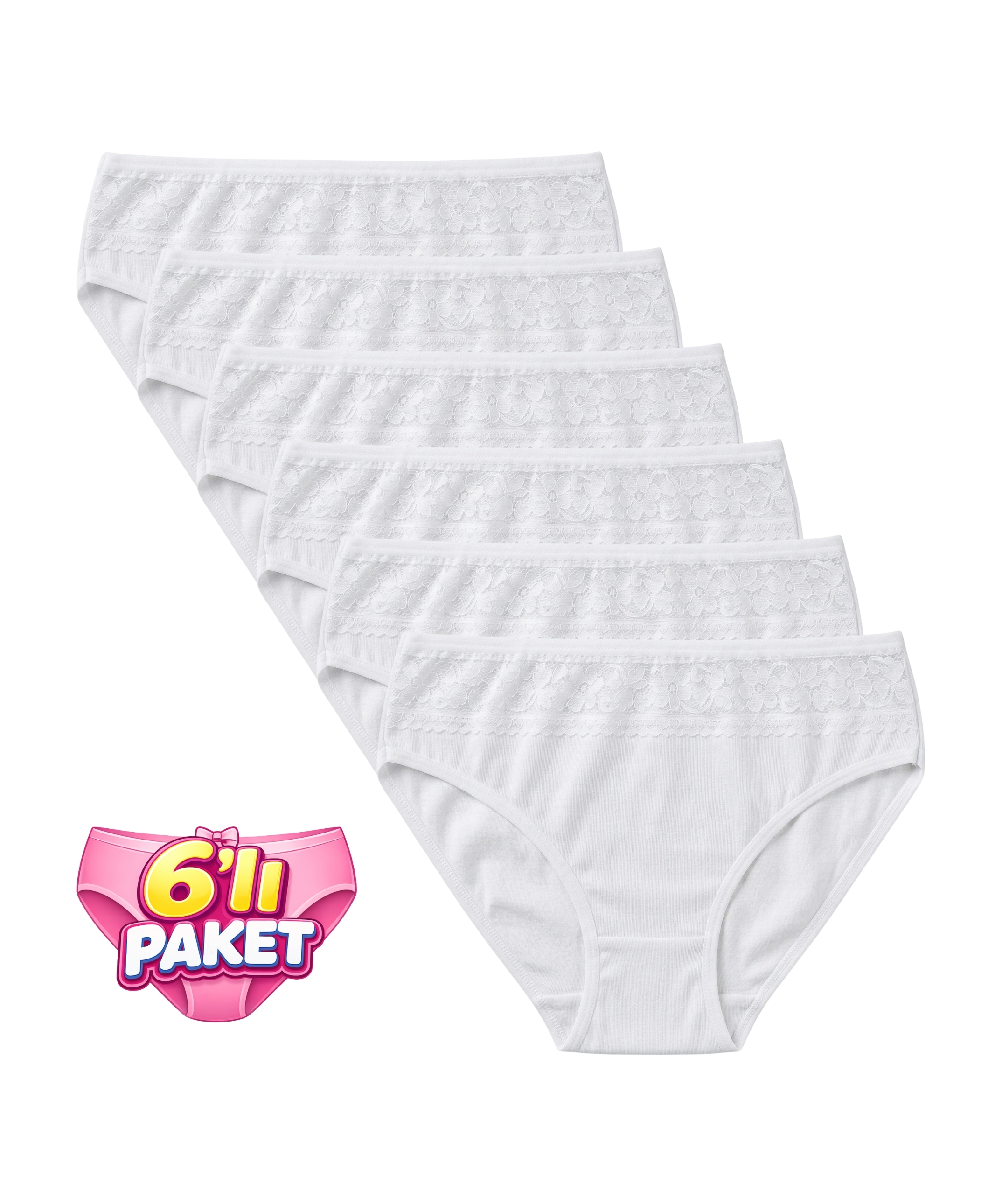 6'lı Paket Üst Dantelli Bikini Külot - BEYAZ