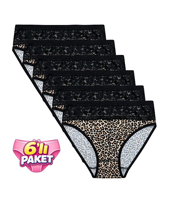 6'lı Paket Üst Dantelli Bikini Külot - LEOPAR 